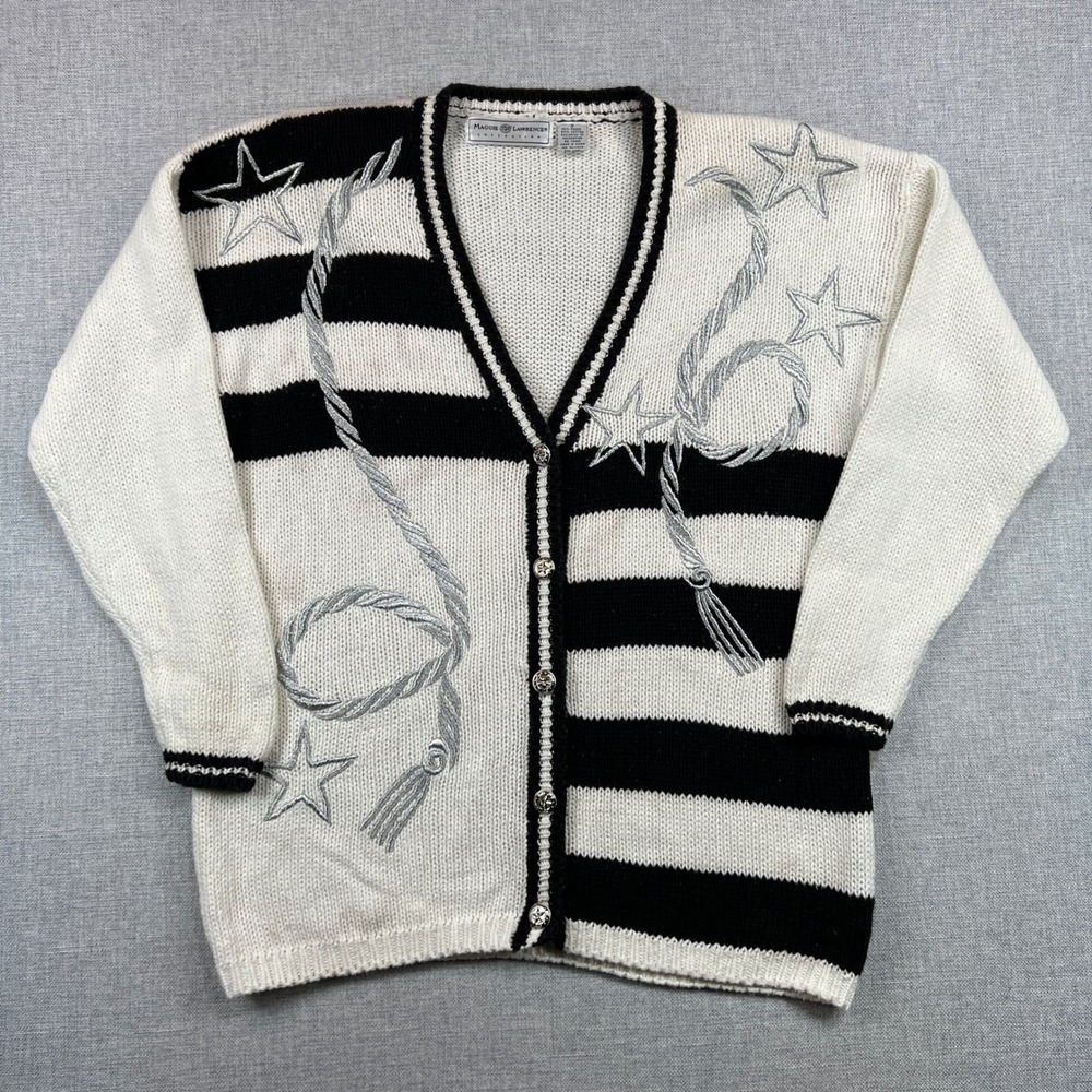 VTG Maggie Lawrence Equestrian Women S Striped Star Embroidered Cardigan Sweater